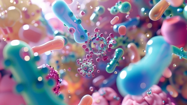 Photo surreal 3d rendering of colorful abstract microscopic shapes