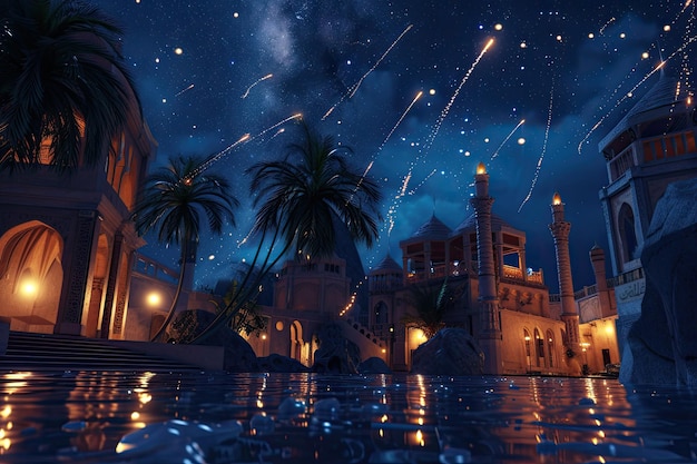 A surreal 3D scene of Ramadan night with lantern