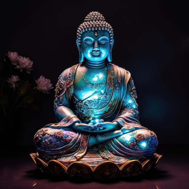 Surreal 3d statue of Buddha on dark background