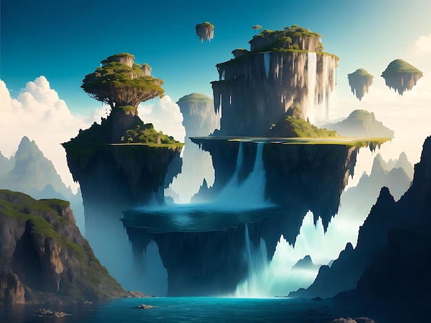 Сюрреалистический абстрактный пейзаж с плавучими островами и каскадными водопадами.