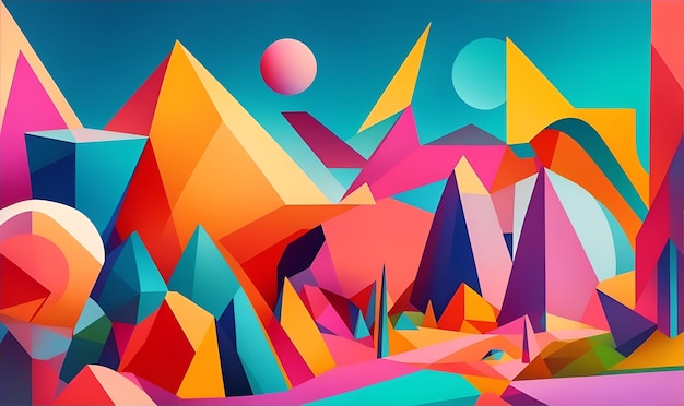 A surreal abstract landscape with a mix of geometric shapes and vibrant hues