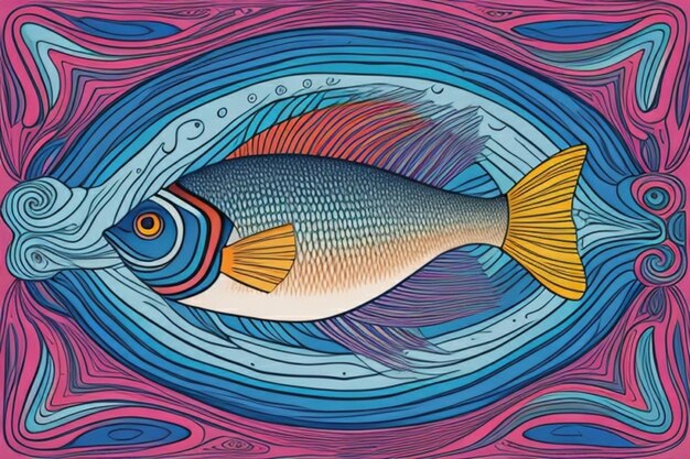 魚の超現実的な抽象的な絵画 その色と形が混じり合っている