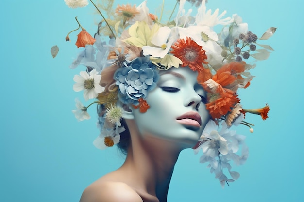 Surreal Abstract Portrait of a Woman with Floral Accents Generative Ai