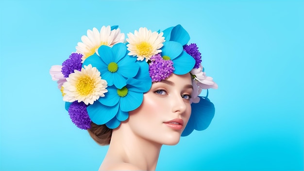 파란색 배경 Ai 생성에 머리 위에 꽃을 꽂은 초현실적인 추상 여성 초상화