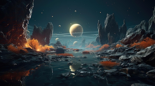 surreal alien planet landscape sci fi desktop background of rocky terrains crystalline luminescent