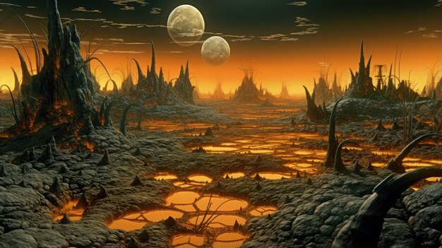 surreal alien planet landscape sci fi desktop background of rocky terrains crystalline luminescent