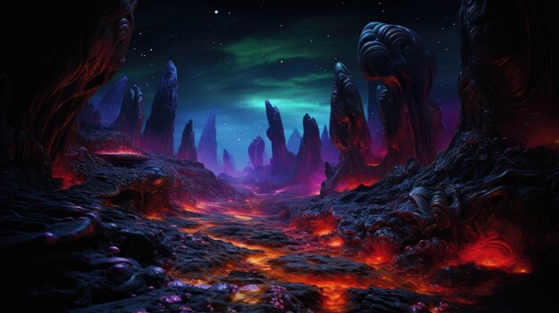сюрреалистический инопланетный планетарный пейзаж научная фантастика настольный фон скалистых мест кристаллический люминесцентный