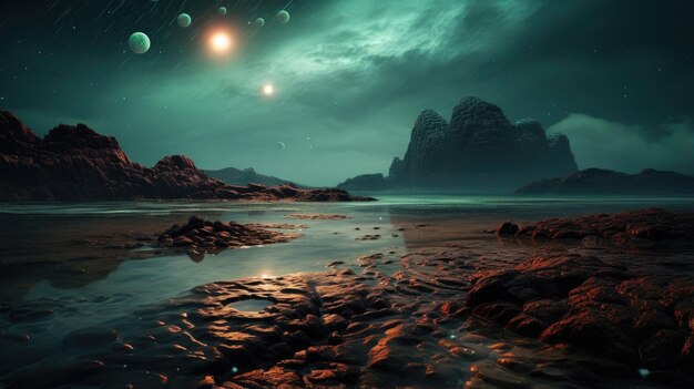 surreal alien planet landscape sci fi desktop background of rocky terrains crystalline luminescent