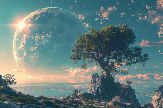 Surreal Alien Planet Landscape with Giant Moon and Solitary Tree