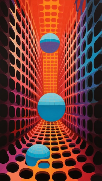 Surreal Architectural Abstract Painting Blue And Orange Sphere In Neon Grid Landscape