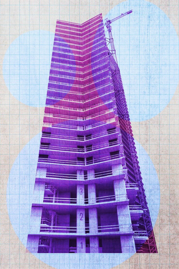 Photo surreal art collage with elements of architectural details building facades construction sites
