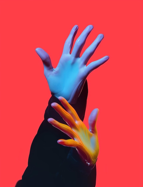 Фото Сюрреалистическая художественная композиция рук творческие произведения искусства человеческих рук цветная краска темный фон и генерирует иллюстрацию