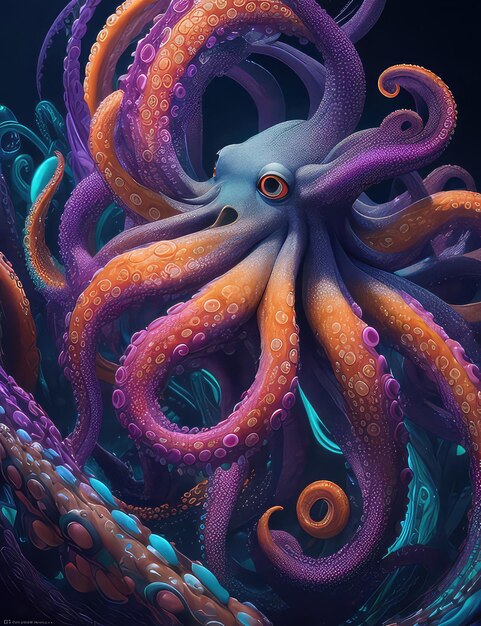 A surreal and artistic portrait of an octopus stands out against a dark background highlighted by a