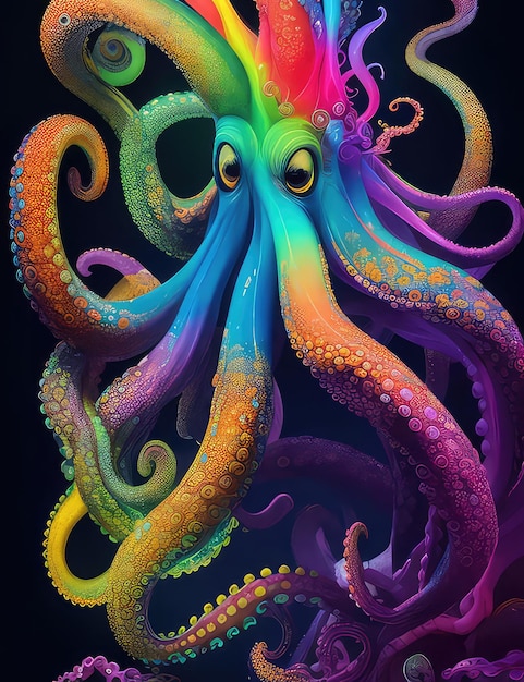 Photo a surreal and artistic portrait of an octopus stands out against a dark background highlighted by a
