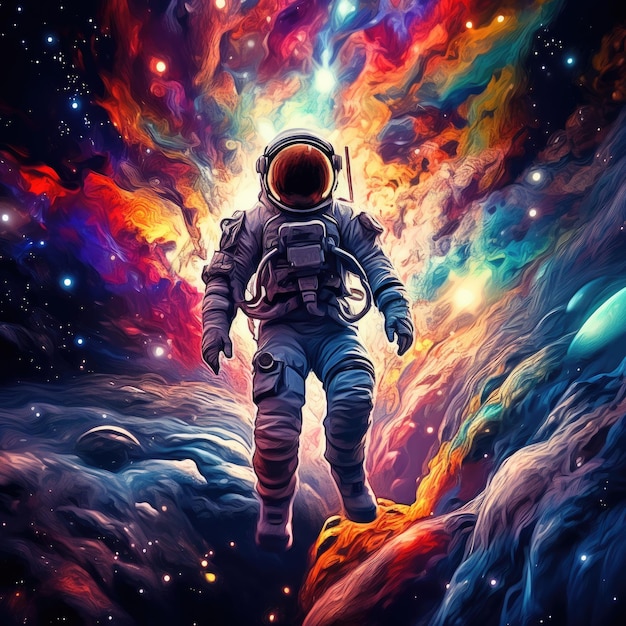 Surreal astronaut in a cosmic galaxy of colors