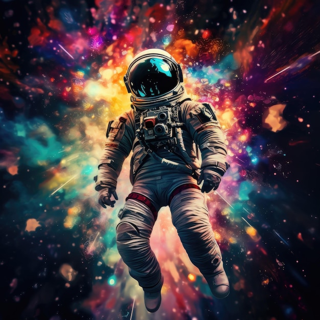 Сюрреалистический космонавт, плавающий в разноцветном космосе