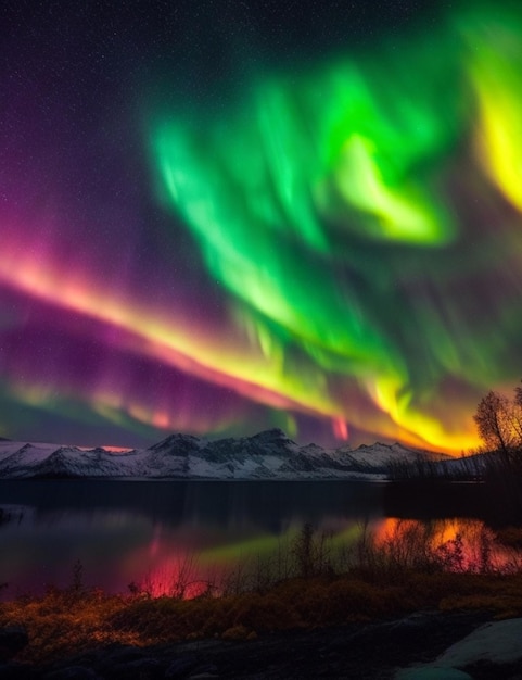 A surreal aurora of glowing greens and yellows illuminating the night sky