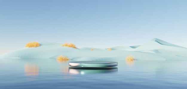 Surreal Beautiful Dream land background with podium stage platform Abstract Dune in winter season landscape with geometric arch Fantasy island scenery with water and natural cloudy sky 3d render