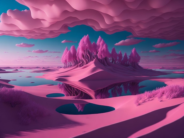 Сюрреалистическая прекрасная мечта розовая земля на фоне, сгенерированная ИИ