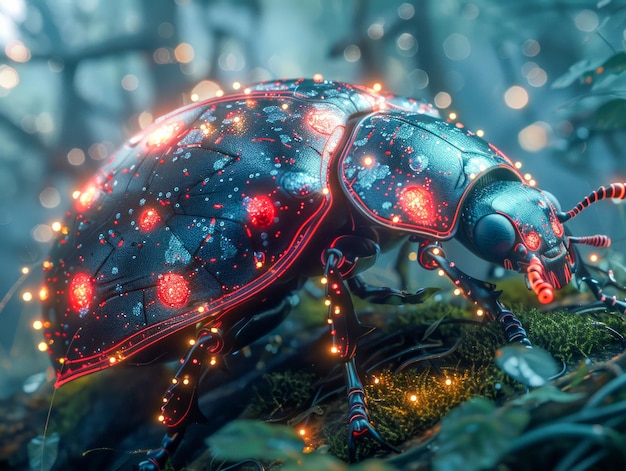 Surreal Bioluminescent Beetle on Mystical Forest Floor Digital Art Illustration of Magical Insect