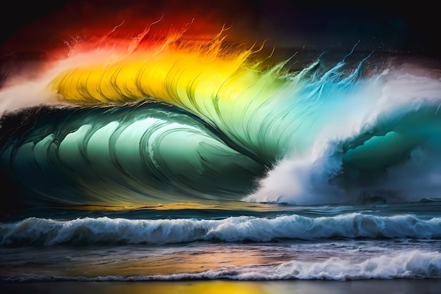 Surreal blue green and rainbow ocean wave barrel blown by the wind Lit through the water