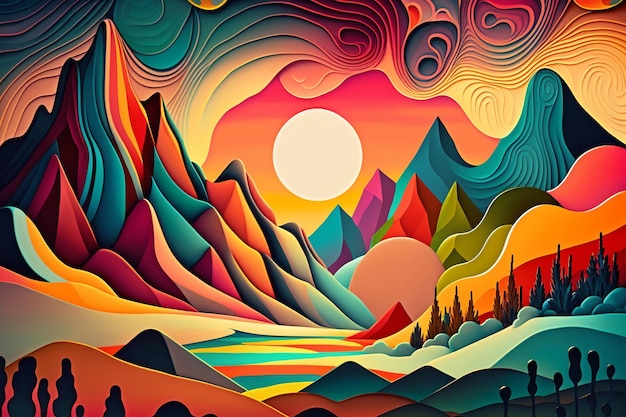 Photo surreal bright colorful psychedelic landscape multicolored mountains sky fantasy nature generative ai illustration