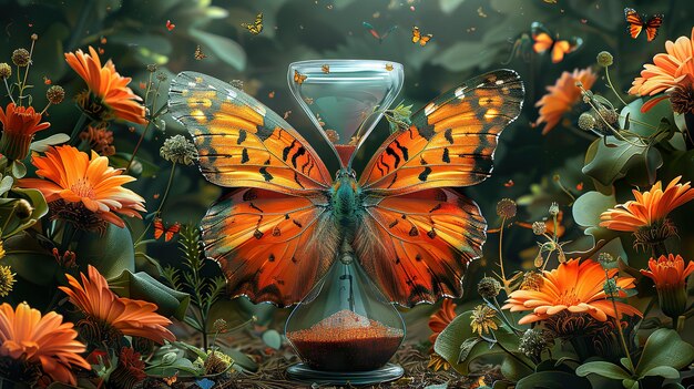Фото Сюрреалистическая бабочка с песочными часами и цветами цифровое искусство