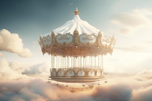 Surreal carousel on a cloudfilled sky