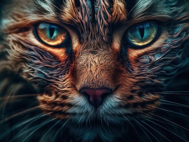 Surreal cat portrait close up created with Generative AI technology