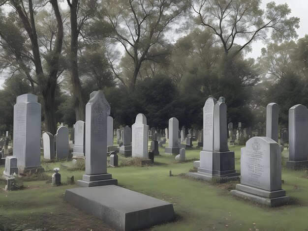 A surreal cemetery with tombstones that tell whimsical or spooky stories