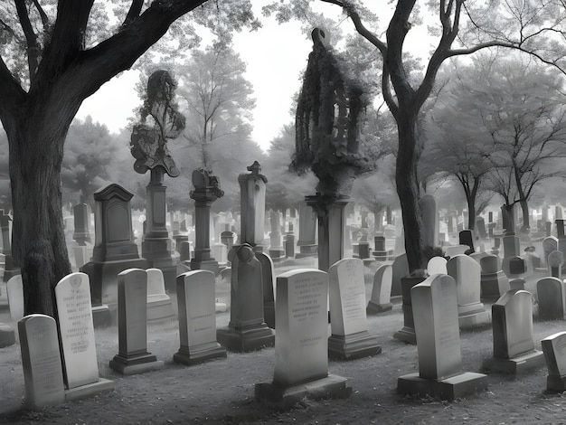 A surreal cemetery with tombstones that tell whimsical or spooky stories