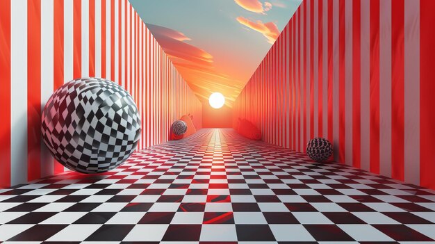 Photo surreal checkered sphere in a striped hallway