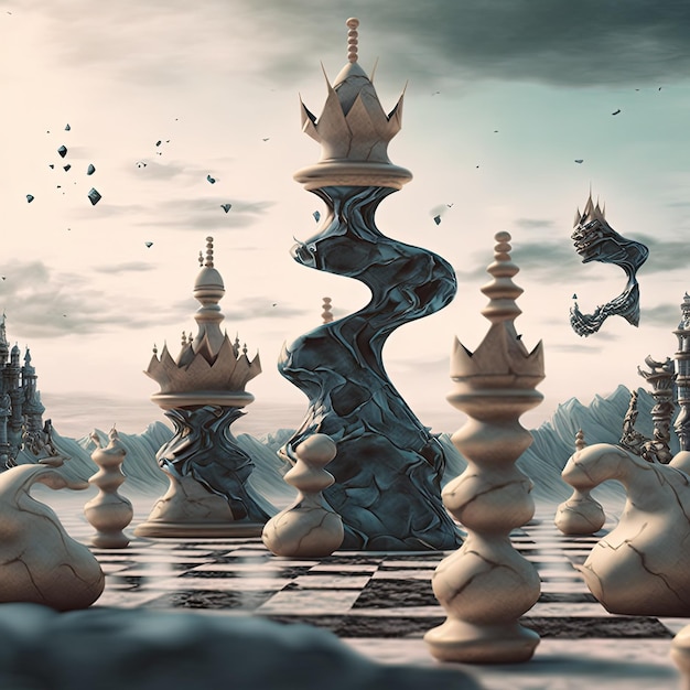 Surreal chess game board and pieces figurines intricate figurines designn beautiful made art