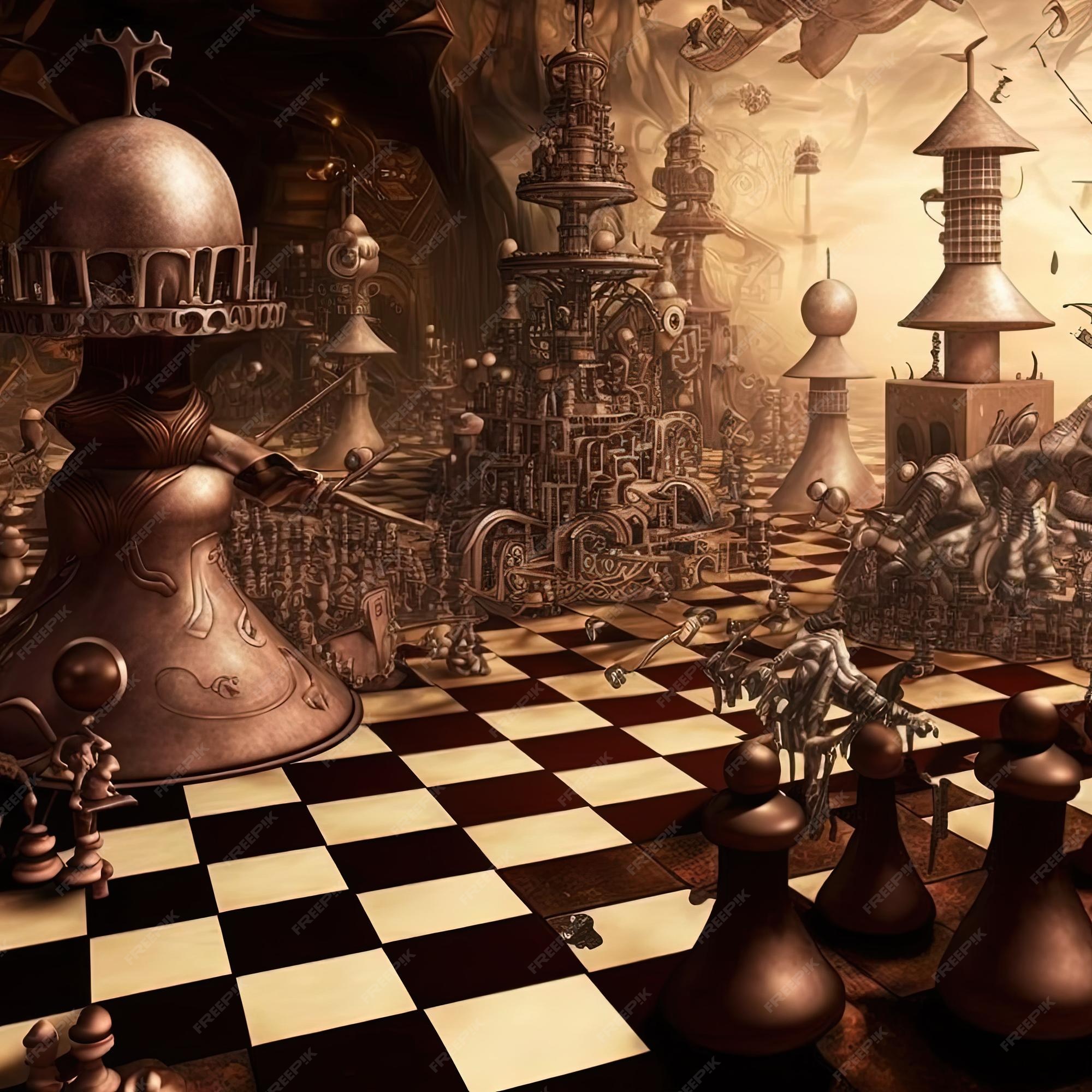 Surreal architecture resembling a giant chess set