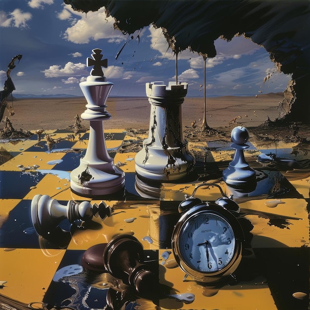 Foto gioco di scacchi surreale con pezzi fusi che riflettono il tempo e la strategia