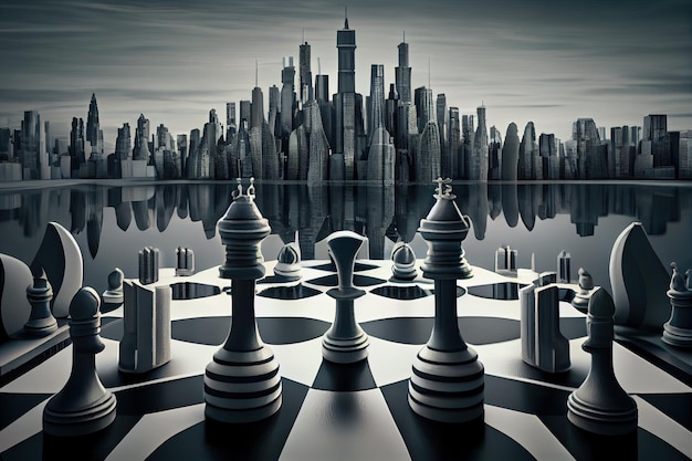 Surreal chess game with a modern cityscape in the background created with generative ai