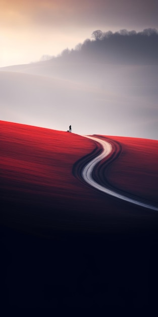 Foto minimalismo cinematografico surreale uomo in bicicletta in campo rosso con pecore nere
