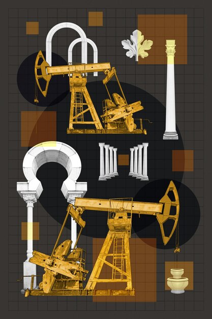超現実的なコラージュ クラシックな建築と産業用オイルポンプ アート コンセプト ポスター プリント ジーン カバー
