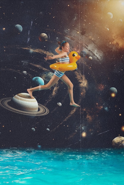 Photo surreal collage of person interacting with the solar system