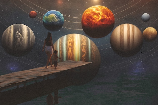 Photo surreal collage of person interacting with the solar system