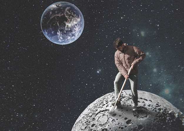 Foto collage surreale di una persona che interagisce con il sistema solare