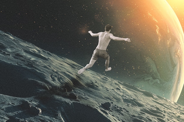 Photo surreal collage of person interacting with the solar system