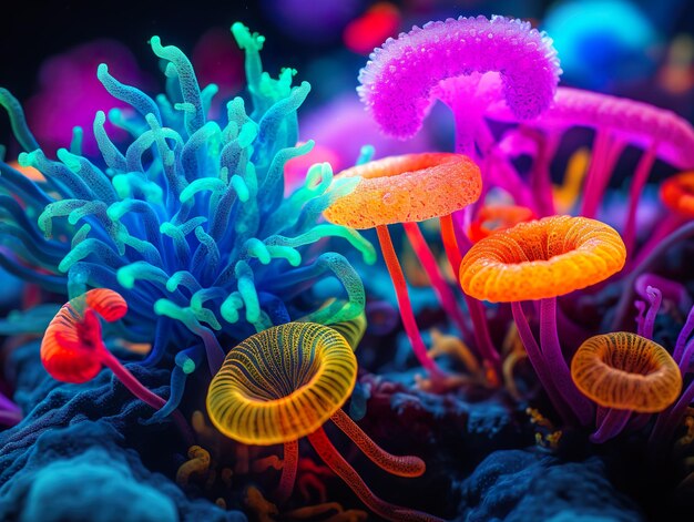 Surreal colorful glowing mushrooms abstract image