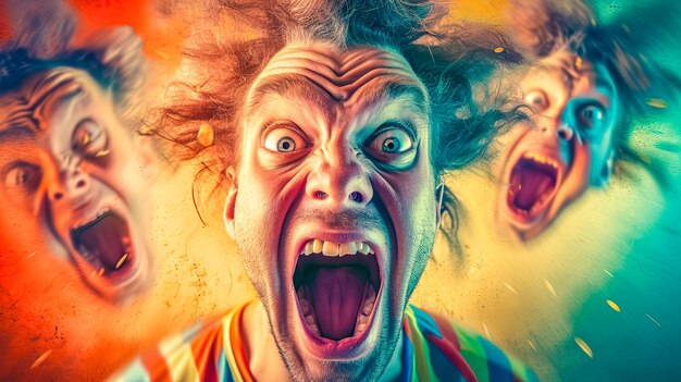 A surreal colorful portrait of a person with exaggerated facial expressions featuring multiple