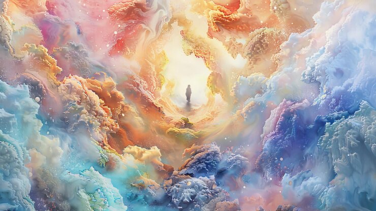 Photo a surreal colorful sky with swirling clouds and a person walking towards a bright glowing light creating a dreamy and ethereal atmosphere