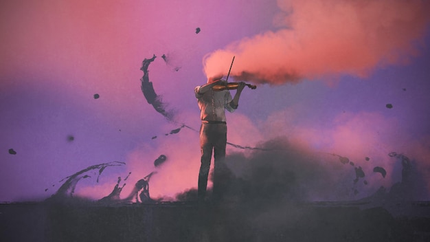 Photo surreal concept of the mystery musician with colored smoke playing a violin, digital art style, illustration painting