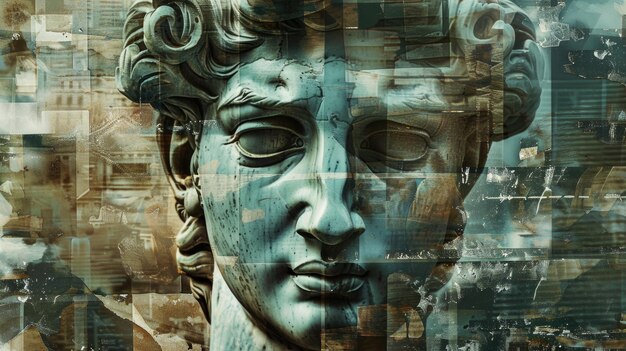 Surreal contemporary art collage featuring antique statue head