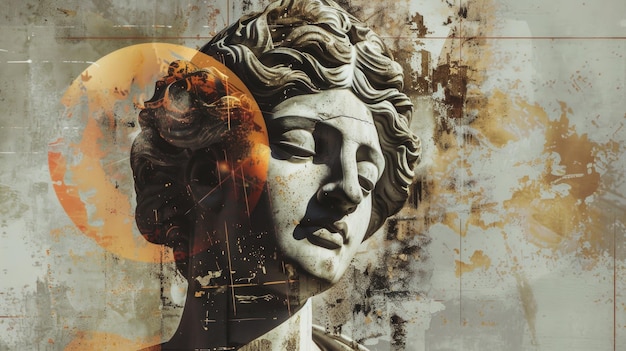 Surreal contemporary art collage featuring antique statue head