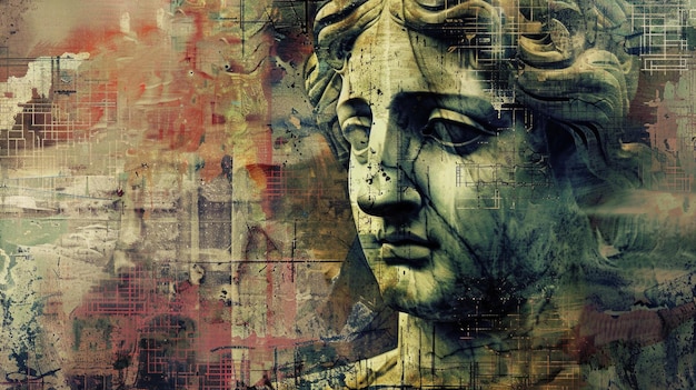 고대 동상 머리를 특징으로 하는 초현실적인 현대 미술 콜라지