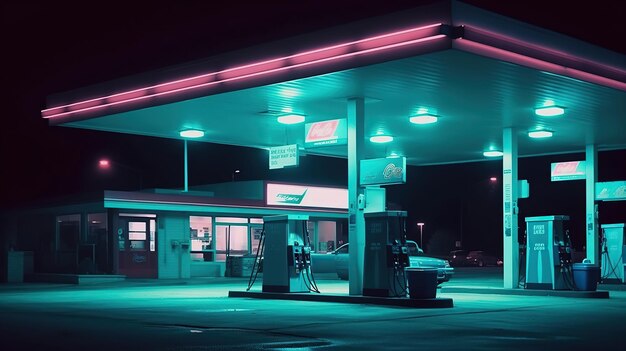 The Surreal and Creepy World of a NeonAdorned 70s Gas Station Generative AI